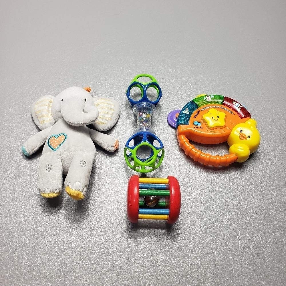 baby toy bundle lot of 4, rattle, vtech twinkle and learn tambourine